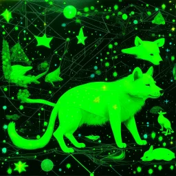 A neon green galaxy with animal constellations painted by MC Escher