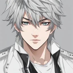 A stunningly detailed (((headshot portrait))), capturing the essence of a young man in his 20s with silver hair and piercing gray eyes, exuding a sense of confidence and protection, anime realism style