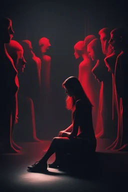 Image of a woman sitting alone, surrounded by shadowy figures whispering in her ear, suggesting the influence of manipulation and dark psychology on individual perceptions of attractiveness Give it a very dark frightening vibe. Use black and red theme.