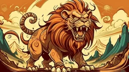 fantasy cartoon style illustration: Long, long ago in ancient China, there was a fierce beast called “Nian”. Its head looked like a lion with a sharp horn on it which could be used to attack its prey.