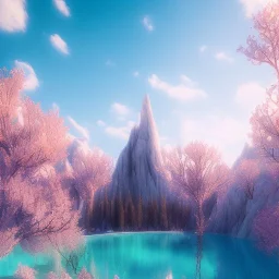 joli petit temple de cristal, lac turquoise, soleil, ciel rose et bleu, lumière, fleurs délicates, ambiance très réelle, 8k, Cinematic lighting. Photorealistic. Dynamic lighting. Imperial colors.