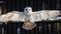 angel's view back to the camera a barn owl fly back from the top view flying over a winter small village, snowy landscape, little light, sunrise, some small Hungarian old country houses from above, perspective, high detailed, sharp focuses, photorealistic, cinematic