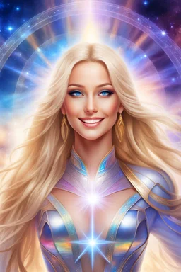 cosmic woman smile,beautiufos rainbow, admiral from the future, galactic confédération, fine whole face, crystalline skin, expressive blue eyes,rainbow, smiling lips, very nice smile, costume pleiadian, Beautiful tall woman pleiadian Galactic commander, ship, perfect datailed golden galactic suit, high rank, long blond hair, hand whit five perfect detailed finger, amazing big blue eyes, smilling mouth, high drfinition lips, cosmic happiness, bright colors, blue, pink, gold, jewels, realist,