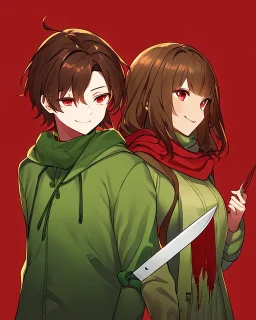 Short brown hair, green hooded blouse, red scarf, dark reddish background reminiscent of blood, holds a knife and smiles madly, and has red eyes that glow in the darkShort brown hair, green hooded blouse, red scarf, dark reddish background reminiscent of blood, holds a knife and smiles madly, and has red eyes that glow in the dark