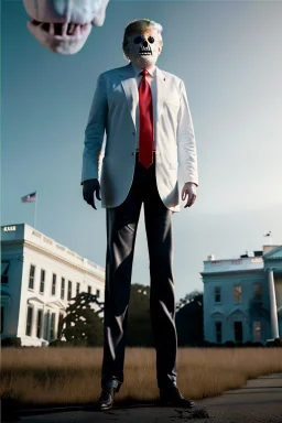 Ultra realistic image, Donald trump zombie, zombie performance, suit, skull, blood, torn arm, night, walking twisted, waist up view, thriller style, dark ambient, highly detailed, White House background, concept art, unreal engine 5, ray tracing, RTX, ultra detail, volumetric lighting, high definition, high resolution.