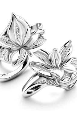 White gold couple rings in the shape of a tiger lily flower containing diamonds