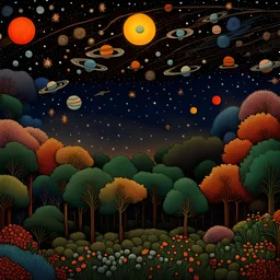 Colourful, peaceful, Henri Rousseau, night sky filled with galaxies and stars, planets, trees, flowers, one-line drawing, sharp focus, 8k, 3d, intricate, ornate