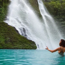 a seductive woman swimming in a lake by a waterfall