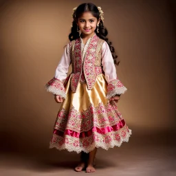 full body 7years old girl ,simple background, full body of very pretty little girl in azeri dance wearing A underdress or shirt, often made of silk,A fitted, often velvet or brocade, jacket worn over the shirt.Wide, bell-shaped skirts are worn, often long and layered to create beautiful movements while dancing, with a long lace scarf at back of her head ,with pretty shoes,in T pose looking at camera.