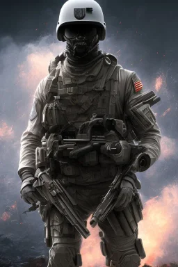 Robotic black uniform American soldier, high tech special forces helmet, navy seals soldier, G.I. Joe, white smoke, dark, rage, sorrow, high definition, ultra 8 k, volumetric lighting, blue fire, fog