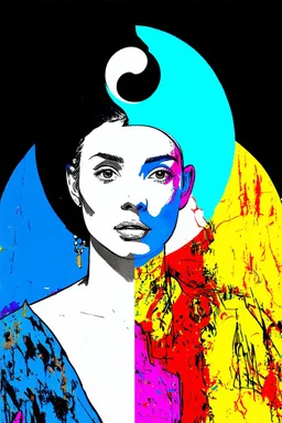 A whole person embodies dark and light; matisse background overlaid with a lowbrow pop art yin and yang