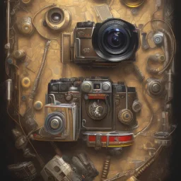 components of the camera laid out flat. poster design. high detailed. oil on canvas.