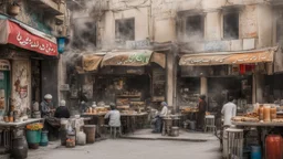 a street cafeshops in a town pollution like Tehran