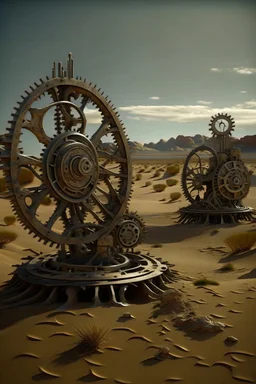 On this arid desert planet, colossal clockwork mechanisms, remnants of a forgotten civilization, dominate the landscape. The anomaly stems from the ancient terraforming experiments of the Remnants, or perhaps an unknown cosmic force, which led to the creation of these intricate clockwork devices. These devices have since fallen into disrepair. , photo-realistic, shot on Hasselblad h6d-400c, zeiss prime lens, bokeh like f/0.8, tilt-shift lens 8k, high detail, smooth render, down-light, unreal eng