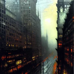 Skyline,Gotham city,Neogothic and NeoFascist and Neoclassical architecture German Expressionism by Jeremy mann, John atkinson Grimshaw," "