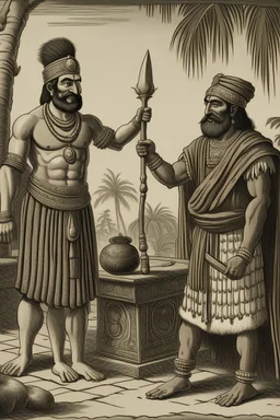A Indian blacksmith with a Indian king standing in front of him and a bag of sandalwood on one side, the king pointing towards the Bag.