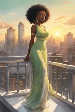 The scene opens onto a serene balcony overlooking a bustling city skyline. The sky above is painted in soft hues of green and yellow as the sun begins its descent, casting a warm glow over everything it touches. In the foreground stands a captivating figure, airbrush chibi cartoon curvy black woman exuding confidence and elegance. She is adorned in a flowing white knit maxi dress that hugs her curves in all the right places, accentuating her silhouette. Her choice of footwear is equally stunning