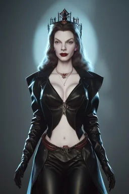 Lauren Bacall as evil queen in black leather, leather, busty, cleavage, angry, stern look. character design by cory loftis, fenghua zhong, ryohei hase, ismail inceoglu and ruan jia. unreal engine 5, artistic lighting, highly detailed, photorealistic, fantasy