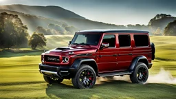 A sleek (((Dodge Ram G Wagon))) with a majesticly curved rear, cutting through a (sunny, open countryside) backdrop