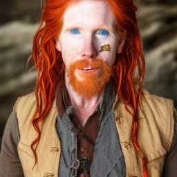 Portrait of Courtney Gains as a ruggedly handsome but joyful roguish pirate, charismatic, attractive male, masculine, perfect, precisely detailed, meticulously detailed clear blue eyes, softky freckled face, unblemished, flawless skin; meticulously detailed multi-hued ginger carrot colored cherry fire red hair; fantasy, intricate, elegant, highly detailed, digital painting, artstation, concept art, matte, sharp focus, illustration, art by artgerm and greg rutkowski and alphonse mucha