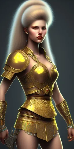 lady warrior with gold short top and flower