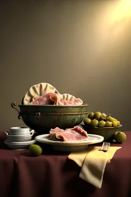 renaissance style still life composite, dish of Raviolis with meat, vine cup, olive oil. moisture, art, natural, ornaments, ceramic, marble, high kitchen, smooth, god rays, unreal engine 5, ray tracing, RTX, lumen lighting, ultra detail, volumetric lighting, 3d.