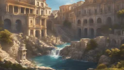 a roman town divided by a river next to the ocean. marble and gold. fantasy. cinematic lighting, hyper realisme, Hyperrealistic, splash art, concept art, mid shot, intricately detailed, color depth, dramatic, 2/3 face angle, side light, colorful background