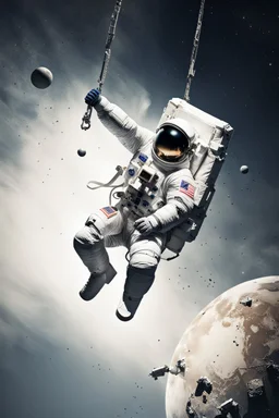 An astronaut is sitting wide legs on a wrecking ball, nearly falling off, arms in the air,.looking frightened, side view