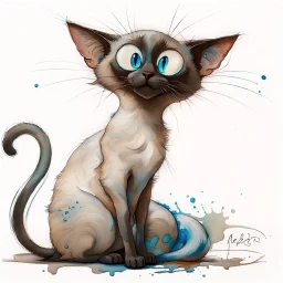 Small cursive signature Meezer3 (transparent white) in the lower right corner, delicate and integrated into the painting. Oriental shorthair Siamese chocolate point cat with vivid blue eyes. art style. Mixture of techniques. Scratched paint, peeling paint, dry brush, watercolor washes, ghost image details, blotted paint areas. Mixed media; gouache, alcohol ink, oil crayon, conté crayon, pastel and collage. Colorful Concentric Rings of a polished Agate Slice. ChatGPT