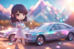 cute chibi anime sensual brunette girl next to a chibi car, holographic, transparent sparkling crystal mountains in sunshine, ethereal, cinematic postprocessing, bokeh, dof