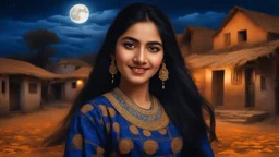 The image should depict a serene evening scene of a traditional Pakistani village at beautiful dark night with full cloudy moon behind her, featuring a (closeup face view of a) young happy woman (with long black hair) adorned in a vibrant navy-blue checkered dress with golden embroidery, surrounded by rustic houses, thick trees with she is sitting by the tree on orange dry leaves falling and breathtaking mountain landscapes along with lots of dry orange leaves fallen on the ground, bathed in