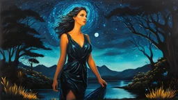 acrylic illustration, acrylic paint, oily sketch,bioluminescent woman, outdoors, night, glowing, magical