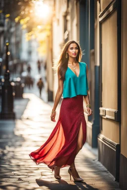 full body shot Young woman, 20 years old, wearing nice fashion dress walk in an urban setting, soft sunlight accentuating the vibrant hues of her attire, high contrast, shallow depth of field, candid photo, natural light, ultra realistic