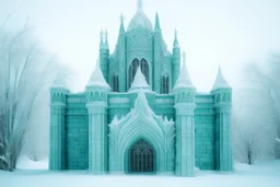 A mint colored ice castle in a snowstorm designed in ancient Greek mosaics painted by Leonardo da Vinci