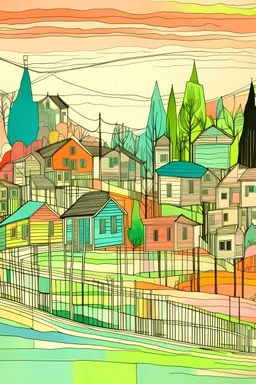 cu linii color paralele reprezentând un peisaj pastel cu oameni , case si copaci, in culori