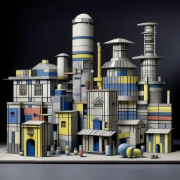A gray pixelated factory designed in ancient Egyptian architectures and sculptures painted by Wassily Kandinsky