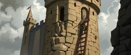 d&d illustration, Stigen opp i borgen virker stabil, men skjelver. Neste steg?x "Forsterk med en pinne", Ogren godkjenner improvisasjonen din. hero in ladder