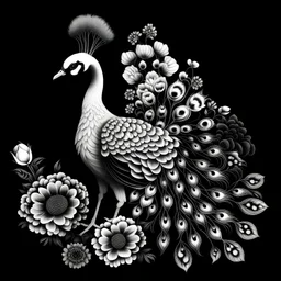 black and white peacock between seeds and big flowers black background. for a coloring. with grayscale
