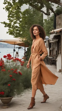 Emel sayen turkey singer and actor in Istanbul beach walking gracefully,full body shot