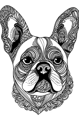 coloring book large Outline art, no shading, of a Frenchie dog, black and white, no shading, large doodle art in white background,