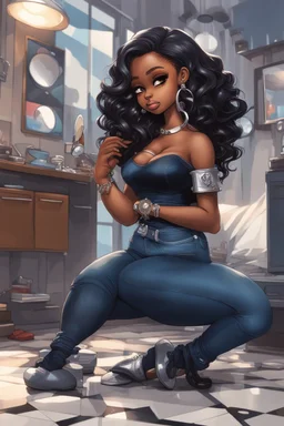 Create a futurism magna art of a black chibi curvy female sitting on the floor looking at herself in a hand mirror. She is wearing tight blue jeans and a black off the shoulder blouse. Prominent make up with lush lashes. Highly detailed long wavy hair. She is also wearing silver large hoop earringsart of a black chibi curvy female sitting on the floor looking at her cell phone. She is wearing tight blue jeans and a black off the shoulder blouse. Prominent make up with lush lashes.