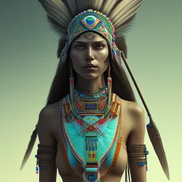 war painted pueblo Indian female, dark, disturbed expression.intricate detailethnically accurate face, intricate head dress, detailed make-up, detailed turquoise jewelry, detailed hair, detailed feathers, use dynamic palette, accurate proportions, high contrast.studio ghibli,andrea bonelli,Kilian Eng,Ohrai, korra character, style.