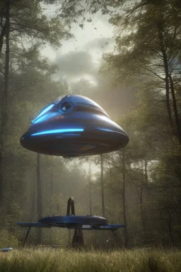 spaceship in a woodland clearing, next to a lake, with a woman kneeling under it, repairing it, blue sky