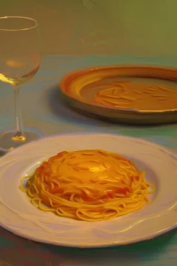 An impressionist-style plate of spaghetti