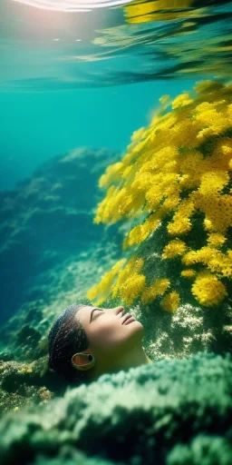 Canan Kaftancioglu underwater with yellow flowers for hair, closed eyes, rtx, reflection, 8k, glow, winning photography, caustics