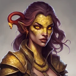 generate a dungeons and dragons character portrait of a female serpent person rouge thief who has scales on her skin, a serpent tongue and yellow eyes