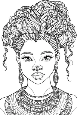 african girl face coloring page with beautiful hairstyle