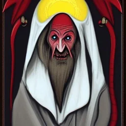 Nosferatu with yellow eyes with fleshy tentacle hair beard grey skin and red fangs and vampire bat nose as a Russian Orthodox