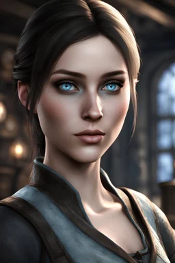 A female breton barmaid from Skyrim with light blue eyes, brunette, melancholic, wholesome, sad