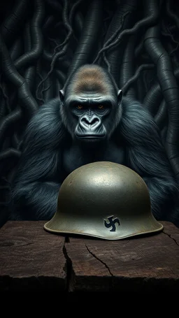 A gorilla in the background of black vein, human veins, mixing together a lot of them, like a forest, big and small veins a lot of them, an army German helmet from ww2 sitting on an old broken table
